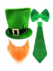 お買い得  アクセサリー-男性用聖パトリックの日のレプラコーンコスチュームアクセサリーセット、ポリエステル素材、バックル付きグリーンのトップハット、偽のひげ、蝶ネクタイとネクタイセット、パーティーや休日のお祝い