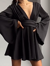 halpa Yksinkertainen mekko-Naisten Mini mekko Satiini mekko Tanssiaispuku Juhlamekko Coctail-asu Muoti Moderni Iltajuhlat Juhla Cocktailjuhla Normaali Tavallinen Pitkähihainen V kaula-aukko Musta Ruskea Apila Harmaa Kevät Syksy