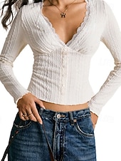 お買い得  レーストップ-女性用 ブラウス ドレッシーなトップス フリル レース パッチワーク 平織り エレガント ヴィンテージ 日常 長袖 Ｖネック レギュラートップス 日常 ワーク 祝日 アプリコット 春 秋