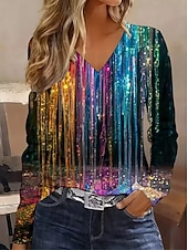 abordables Camiseta a rayas y geométrica-Mujer Camiseta Estampado Floral Graphic Plantas Vintage Moda Elegante Manga Larga Escote en Pico Tops regulares Diario Negro Morado Dorado Primavera Otoño Invierno