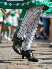  Γυναικεία πράσινα και μαύρα παπούτσια με τακούνι και κορδόνια – vintage σχέδιο με κονκάρδες στα δάχτυλα και στυλ Αγίου Πατρικίου, ιδανικά για εορταστικές εκδηλώσεις και γιορτές.