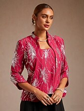  Naisten Paljetteja topit Twinsetti Paljetti Sulka Tyylikäs 3/4 hiha Pystykaulus Iltajuhlat Cocktail-asu Fuksia Kesä Kevät Syksy