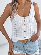 ieftine Culori Solide-Pentru femei Pulover Vestă pulover Șic Stradă Casual Culoare solidă Cablu În U Decupată Nasturi Tricotat Fără manșon Topuri obișnuite Tricotat Concediu Ieșire Sfârșit de săptămână Negru Alb Var