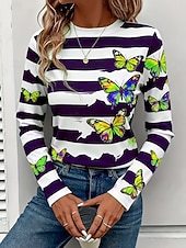 abordables Camiseta a rayas y geométrica-Mujer Camiseta Estampado Graphic Mariposa A Rayas Vintage Elegante Moderno Manga Larga Cuello Barco Tops regulares Diario Fin de semana Azul Piscina Amarillo Rojo Morado Otoño Invierno