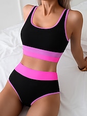 お買い得  ビキニセット-ウィメンズ ビキニ 2ピース 水着 カラーブロック ブリーフ タミー コントロール ハイウエスト スリム バックレス バケーション ビーチ ウェア リーブス U ネック ノースリーブ 水着
