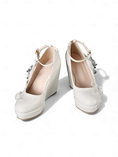 abordables novia-Zapatos de boda de cuña con encaje floral color marfil para mujer: tacones de plataforma con correa en el tobillo, estilo romántico y elegante para novias en bodas urbanas.
