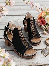 voordelige Hakken Sandalen-Rode damessandalen met dikke hak en ritssluiting, opengewerkt ontwerp, perfect voor tuinfeesten en casual gelegenheden.