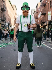 halpa Pyhän Patrikin päivä-Miesten Pyhän Patrickin päivän menninkäisen 8-osainen asusetti – vihreä hattu, parta, henkselit, rusetti, hanskat, kaulakoru &amp;juhlavia asusteita