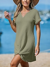 cheap Beach Dresses-Women's Swimwear Cover Up Swim Dress Swimsuit Knitted Vacation Beach Wear Solid Color V Neck Short Sleeves Bathing Suits