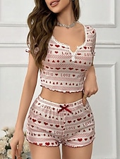 economico Pigiami e Lounge San Valentino-Per donna Set Pigiama Casual Comfort Cuore Elastico in vita Shorts Quotidiano Casa Manica Corta Scollo a V Nero Rosso Estate Primavera Vestibilità aderente