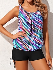 billiga Tankinis-Kvinnors Tankini 3-delad baddräkt Shorts Magekontroll Hög midja Slim Backless Semester Strandkläder Grafik Geometrisk U-hals Ärmlös Badkläder