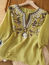 abordables Blusas Sencillas-Mujer Blusa Lino de algodón sintético Frunce Bordado Floral Elegante Casual Manga 3/4 Cuello Barco Tops regulares Diario Azul Piscina Blanco Rosa Morado Verde Trébol Verano Primavera