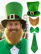 お買い得  アクセサリー-男性用聖パトリックの日のレプラコーンコスチュームアクセサリーセット、ポリエステル素材、バックル付きグリーンのトップハット、偽のひげ、蝶ネクタイとネクタイセット、パーティーや休日のお祝い
