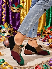 billige Damesko-Flerfargede oxfordsko med blokkhæl til dame – retro pumps med snøring i fargeblokker for karnevalskostymer, klovner og funky hverdagsklær
