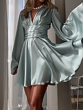 halpa Yksinkertainen mekko-Naisten Mini mekko Satiini mekko Tanssiaispuku Juhlamekko Coctail-asu Muoti Moderni Iltajuhlat Juhla Cocktailjuhla Normaali Tavallinen Pitkähihainen V kaula-aukko Musta Ruskea Apila Harmaa Kevät Syksy