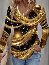 preiswerte Kunst &amp; Design T-Shirt-Neujahr Damen T Shirt Druck Ombre Grafik Vintage Mode Stilvoll Langarm V Ausschnitt Normale Oberteile Täglich Gelb Rosa Rote Orange Gold Sommer Frühling Herbst