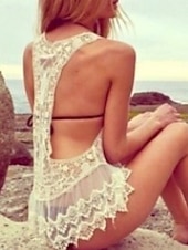 رخيصةأون ملابس علوية للشاطئ-مايوه نسائي غطاء للسباحة قطع مفتوحة كروشيه ملابس شاطئية لقضاء العطلة بلون موحد حرف V بدون أكمام