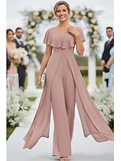 preiswerte Overalls für Mütter-Overalls Bodenlang Brautmutterkleid Kurzarm V Ausschnitt Elegant Einfach Hochzeitsgast Verlobungsfeier Chiffon mit Rüschen Seitlich drapiert