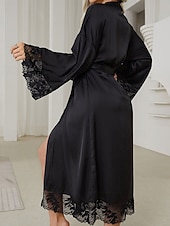 abordables Combinaisons pour femmes-Femmes Robe Occasionnel Doux Satin Couleur Unie Dentelle Quotidien Maison Lit manche longue Col en V Noir Blanche Été Coupe régulière