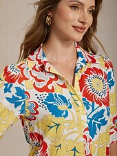 baratos Vacation Dresses-Vacation Satin Yellow Floral Print Shirt Mini Dress