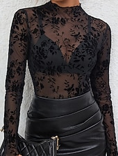 economico Top in Pizzo-Per donna Blusa Rete Floreale Elegante Manica Lunga Collo Alto Top Regolari Quotidiano Ferie Uscire Nero Blu marino Estate Primavera