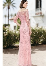 cheap Sheath Evening Dresses-Sheath Column Floor Length Formal Dresses Evening Gown Evening Gown Elegant Sparkle 3/4 Length Sleeve Off Shoulder Wedding Valentine's Day Sequined with Sequin