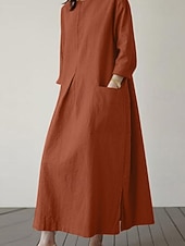 abordables Vestidos-Mujer Vestido Midi Lino de algodón sintético Vestido de cambio Vestido informal Elegante Moda Moderno Diario Vacaciones Noche Ajuste regular Plano Manga Larga Cuello Barco Negro Verde Ejército