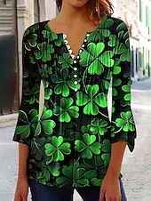 cheap St Patrick's T-shirts-St. Patrick's Day Women's Blouse Graphic Shamrock Plants Elegant Stylish Classic 3/4 Length Sleeve V Neck Regular Tops Daily Going out Ruffle Buttons Black Green Summer Spring Fall