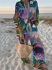 baratos Conjuntos-Mulheres Camisa Social Conjunto com toque de linho Conjuntos de linho de algodão Calças de linho Calças Manga Longa Colarinho de Camisa Bloco de cor Patchwork Moda Roupa de rua Roupa Diária Encontro