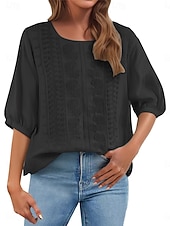 baratos Blusas Simples-Mulheres Blusa Linho de algodão sintético Bordado Floral à moda Casual Manga 3/4 Gola Redonda Tops regulares Diário Azul Preto Rosa Verde Verão Primavera