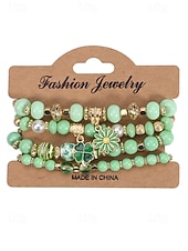 baratos Acessórios-Conjunto de pulseiras femininas para o Dia de São Patrício, pulseiras empilháveis de várias voltas com contas verdes, estilo trevo da sorte, materiais de liga metálica e cristais sintéticos, joias festivas irlandesas para mulheres.