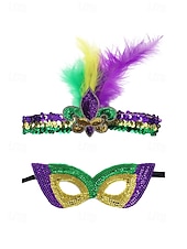 levne Příslušenství-Dámská souprava masky a čelenky na karneval Mardi Gras z polyesteru s flitry – živé barvy s peřím ideální pro karneval a maškarní večírky