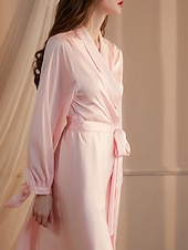 levne Dámské dupačky-Dámské Župan Na běžné nošení Měkké Satén Čistá barva Nabírané šaty Šněrování Denní Domů Postel Dlouhý rukáv Do V Černá Bílá Šampaňská Světlá růžová Fialová Léto Jaro Běžný