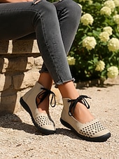 cheap Women's Flats-Women's Beige Perforated Lace-Up Comfort Shoes, Breathable Design, Flexible Non-Slip Sole for Walking, Travel and Everyday Casual Use