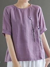 economico Camicie-Per donna Blusa Finto cotone e lino Ricamato Tinta unica Elegante Casual Mezza Manica Girocollo Top Regolari Quotidiano Bianco Giallo Viola Estate Primavera