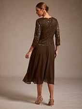 economico Abiti in chiffon-Per donna Abito Midi Vestito in Chiffon Abito a trapezio Elegante Ospite di nozze Cocktail party Allacciato Paillettes Vestibilità regolare Tinta unica Manica 3/4 Girocollo Caffè