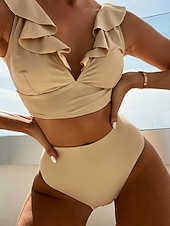 abordables Traje de baño de mujer-Mujer Bañadores 2 piezas Pícaro Traje de baño Volante Espalda al Aire Vacaciones Ropa de playa Plano Escote en Pico Sin Mangas Trajes de baño