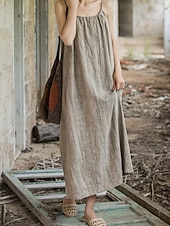 cheap Premium Linen Collection-Women's Midi Dress Cotton Linen Dresses Shift Dress Sundress Slip Dress Vintage Fashion Daily Outdoor Vacation Loose Fit Plain Sleeveless Straps Blue Teal White Yellow Summer Spring