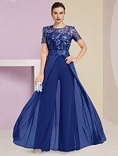 Χαμηλού Κόστους Ολόσωμες φόρμες της μαμάς-Παντελόνι Μέχρι τον αστράγαλο Φόρεμα Μητέρας της Νύφης Κοντομάνικο Με Κόσμημα Κομψό Επισκέπτης γάμου Επίσημο Βραδινό Stretch σιφόν με Δαντέλα Πλισέ