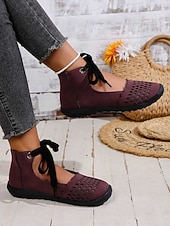 cheap Women's Flats-Women's Beige Perforated Lace-Up Comfort Shoes, Breathable Design, Flexible Non-Slip Sole for Walking, Travel and Everyday Casual Use