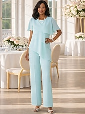 baratos Terninhos de calça da mamãe-Duas Peças Terninho Longo Vestido Para Mãe dos Noivos Manga Curta Decorado com Bijuteria Elegante Tamanhos Grandes Convidado do casamento Chiffon com Babados em Cascata