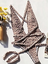 economico Costumi interi-Costume da bagno intero da donna snellente monokini leopardato controllo della pancia vita alta snella senza schienale abbigliamento da spiaggia scollatura a V senza maniche