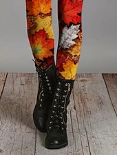 economico -Women's Leggings Cozy Leggings Vacation Casual Full Length High Waist Graphic Leaf Printing Comfort Comfortable Stretchy Casual Daily Vacation Orange Spring Fall Skinny