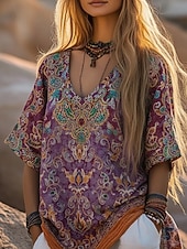 economico T-shirt Boho-Martedì grasso Per donna Maglietta bohémien Maglietta Stampato Grafico Vintage Elegante Etnico Manica Corta Scollo a V Top Regolari Quotidiano Weekend Abbigliamento da vacanza Lavanda Viola Viola