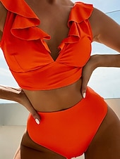 abordables Traje de baño de mujer-Mujer Bañadores 2 piezas Pícaro Traje de baño Volante Espalda al Aire Vacaciones Ropa de playa Plano Escote en Pico Sin Mangas Trajes de baño