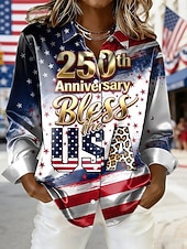  Día de la Independencia Aniversario Americano Patriótico Camisa de Mujer Gráfica Bandera Vintage Elegante Moderna de Manga Larga Cuello de Camisa Tops Regulares Diarios Festivos Azul Blanca Verano