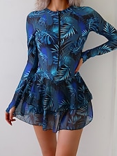 billiga Tankinis-Dam Badkläder Tankini 2 st Kjol Baddräkt Magkontroll Hög midja Smal Elegant Semester Blommig Rund hals Långärmad Baddräkter