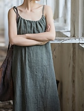 cheap Premium Linen Collection-Women's Midi Dress Cotton Linen Dresses Shift Dress Sundress Slip Dress Vintage Fashion Daily Outdoor Vacation Loose Fit Plain Sleeveless Straps Blue Teal White Yellow Summer Spring
