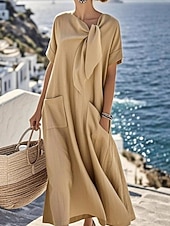 abordables Robe Simple-Femmes Robe maxi Robe trapèze Robe d'été Occasionnel Quotidien Coupe Ample Uni Manche Courte Col en V Bleu Marron clair Marron Vert Véronèse Été