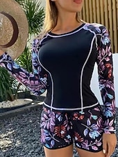 お買い得  タンキニ-ウィメンズ タンキニ 2ピース 水着 パーム ラッシュ ガード ショート タミー コントロール ハイウエスト スリム バックレス バケーション ビーチ ウェア フローラル ラウンド ネック ロングスリーブ 水着